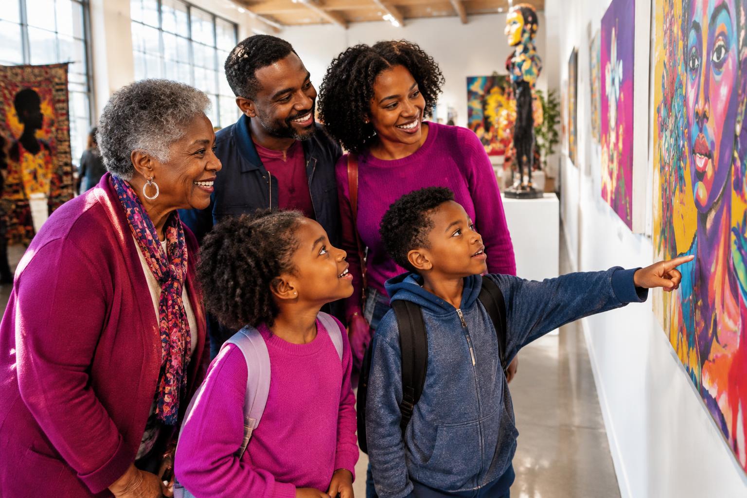A grandmother, parents, and children exploring colorful artwork together