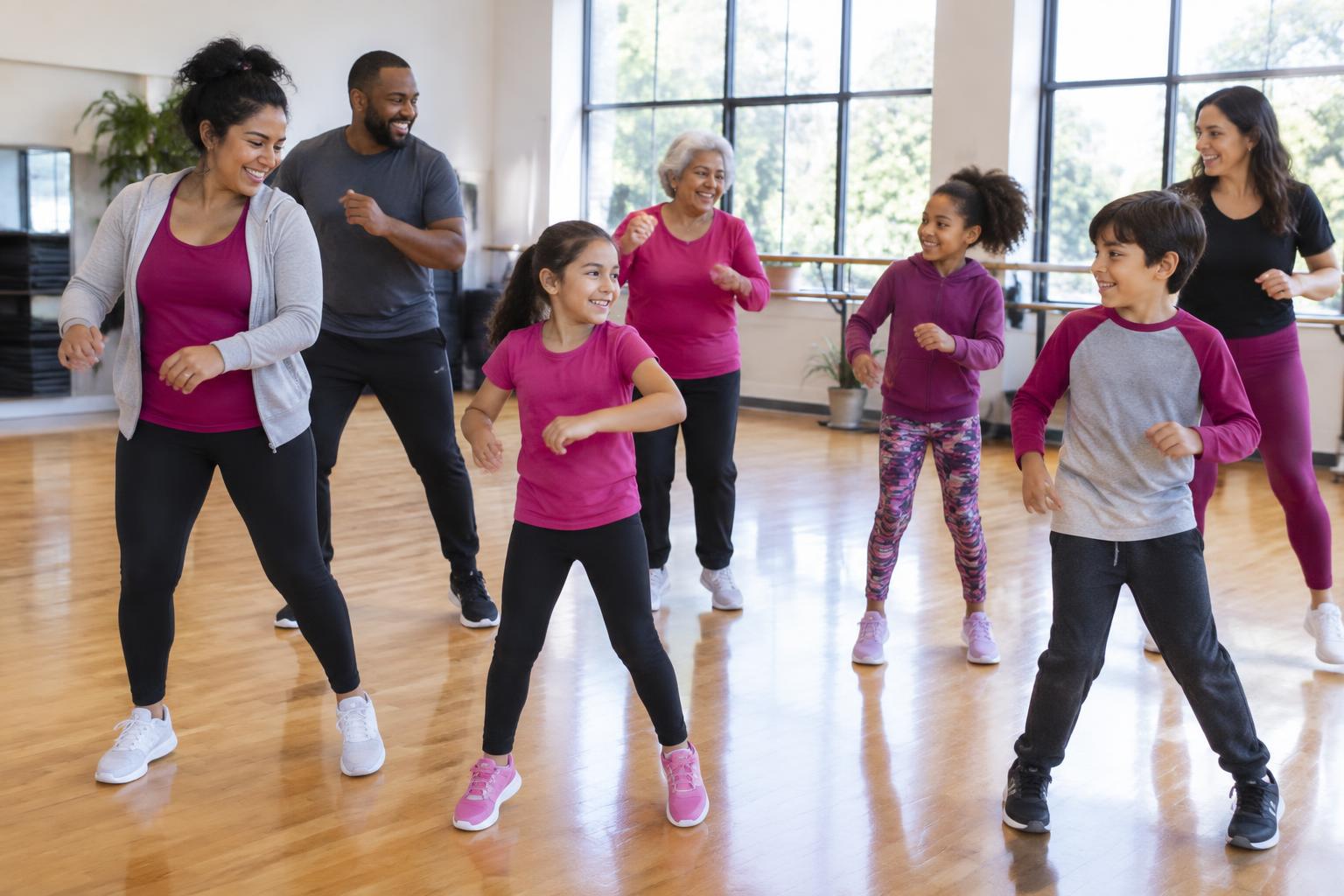 Children, parents, and a grandmother exploring movement in a bright community studio