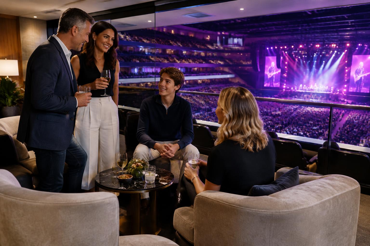 Adults and a teen sharing an arena suite experience overlooking a concert